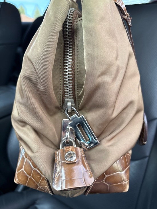 Prada Brown Nylon Shoulder Bag with Crocodile Leather Trim Silver hardware